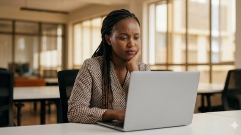 A young woman working intensely at an office.