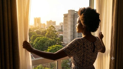 A young woman in a modern flat opens her curtains to the early morning sun, looking out over the city skyline.