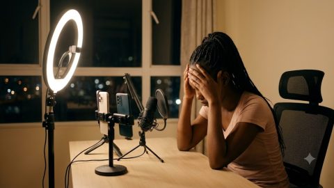 A content creator rests her exhausted face in her hands, her professional ring light and microphone casting warm, tired light in her quiet apartment.
