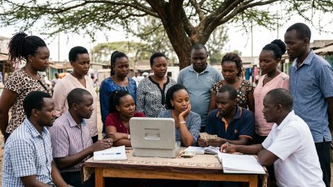 A diverse chama reviewing their cash pool and ledgers outdoors under natural daylight.