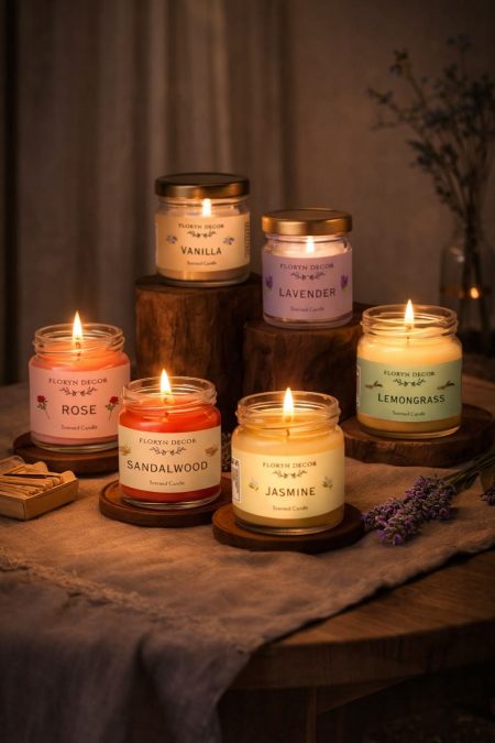 Cans of burning scented candles.