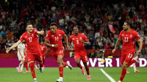 Switzerland players celebrate one of their goals against Algeria on Friday, July 3, 2026. PHOTO/https://www.facebook.com/fifa