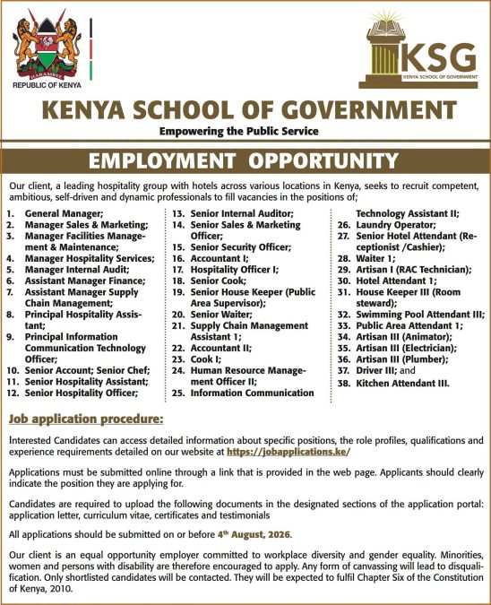 Kenya School of Government announces 38 hospitality job vacancies nationwide
