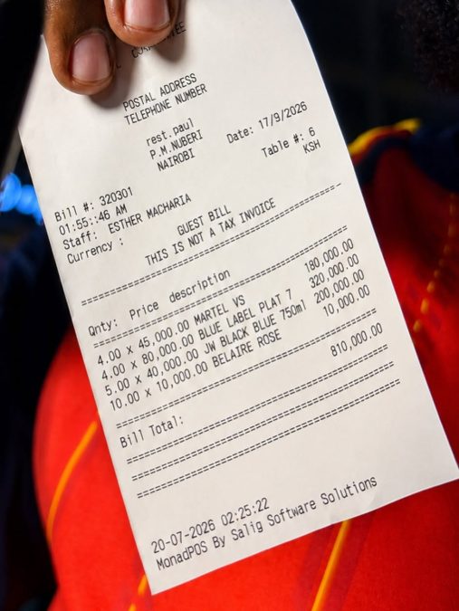 Bolo Bespoke Ksh810,000 treating revellers to drinks on Sunday, July 19, 2026.