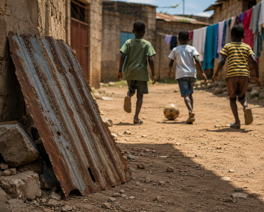 Children playing near a rusty iron sheet.