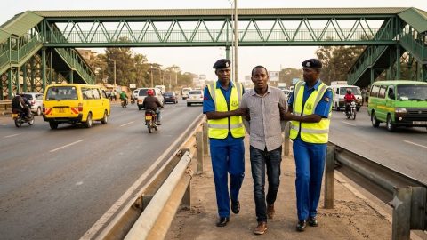 A man is arrested by Kenyan traffic police on a major Nairobi highway after jaywalking.