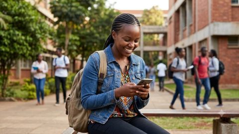 A university student smiles joyfully while checking her phone on campus, indicating a HELB disbursement alert.