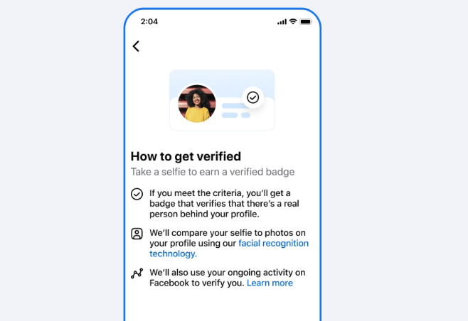 A demonstration of how a Facebook profile appears after completing the platform's AI-assisted selfie verification process and receiving the Facebook Verified badge. 