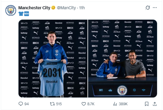 Manchester City have completed the signing of midfielder Eliot Anderson from Nottingham Forest. PHOTO/Screengrab by K24 Digital/@ManCity/X