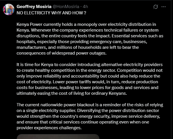 A post shared by Geoffrey Mosiria on his X. PHOTO/Screengrab by K24 Digital