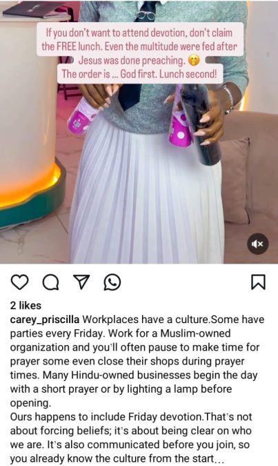 Carey responding to her employees' exposé. PHOTO/@carey_priscilla/Instagram