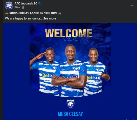 New AFC Leopards signing Musa Ceesay. PHOTO/Screengrab by K24 Digital/https://www.facebook.com/afcleopardssc