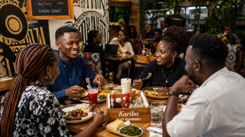 A friend group dining out.