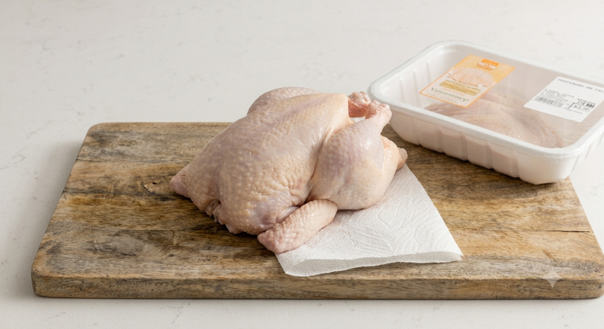 Raw chicken on top of a wooden chopping board.