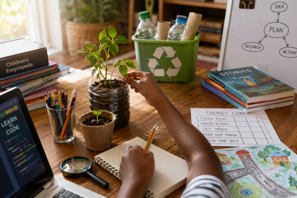Child tending to plants at home.