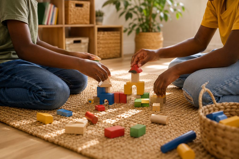 Children building a castle on the rug.