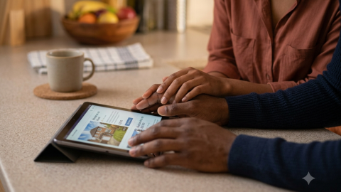 A couple rests their hands near a tablet.