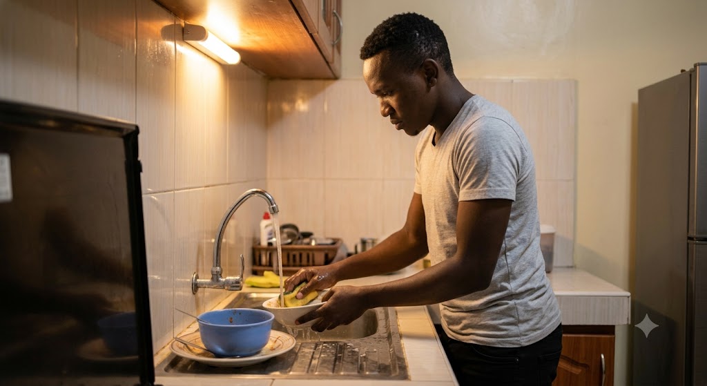 A man standing straight while washing dinner dishes.