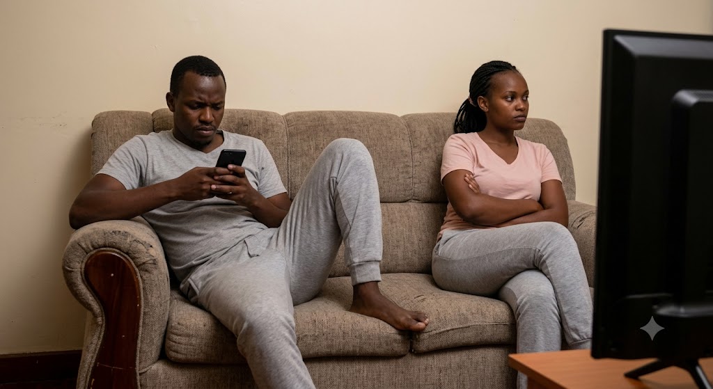 A couple sits in silence, showing the emotional distance of suppressed feelings.