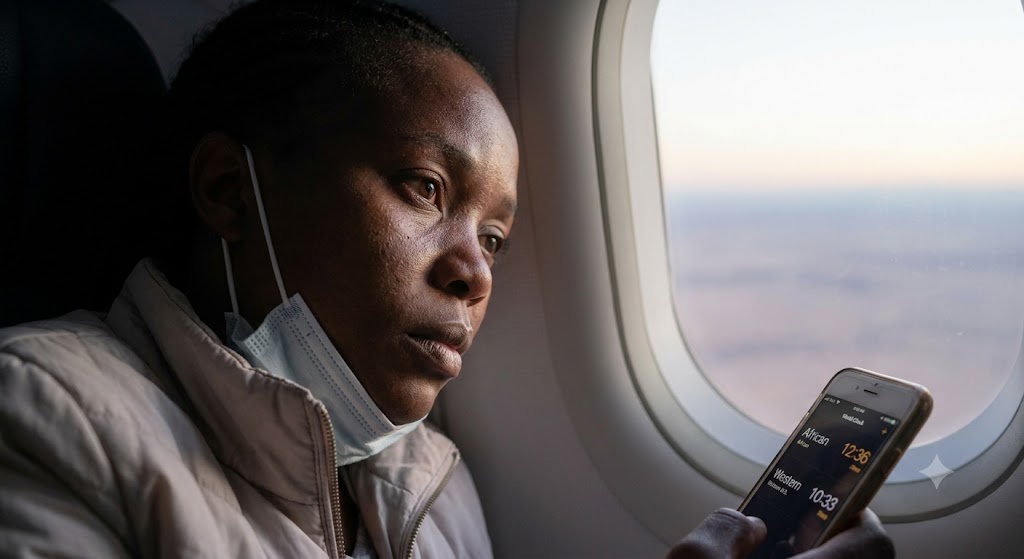 A tired woman looks out a airplane window during a long flight.