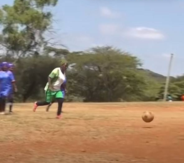 A woman from the Maiani Soccer Grannies playing football. PHOTOS/Screengrabs by K24 Digital of TikTok video by @Theassociated press. 
