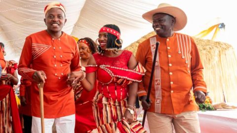 Rigathi Gachagua (right) and MPs Eric Wamumbi and Betty Maina during their dowry negotiations function in Murang'a County on November 18, 2023.
