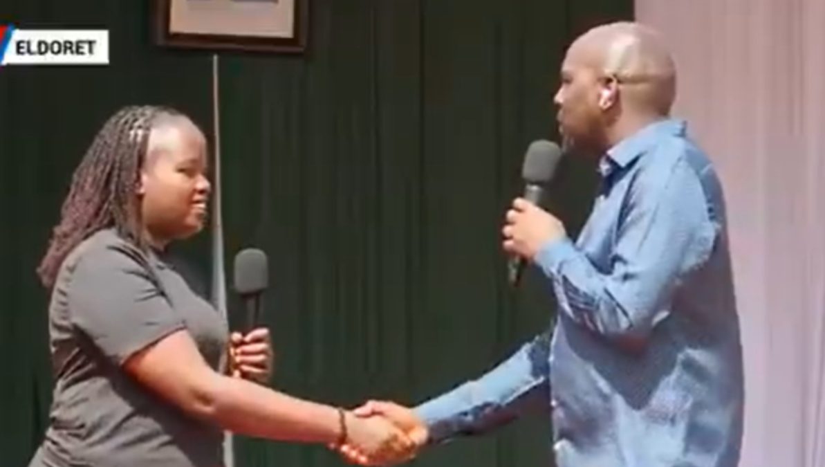 Sharon Chebet with Kipchumba Murkomenduring the  launch of the second tranche of the NYOTA programme at Eldoret Sports Club