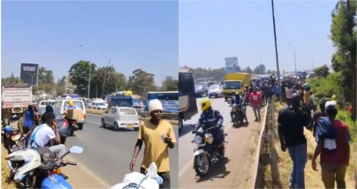 Protesters stage protests along Thika Superhighway near near Gwa Kairo Stage. PHOTO/a collage by K24 Digital from video posted online