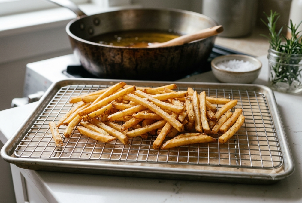 Golden french fries rest on a wire rack.