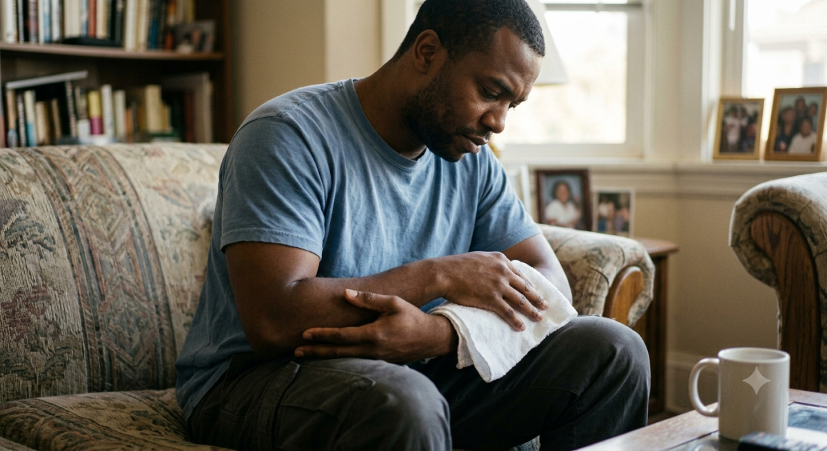A photo of a man nursing his wound.