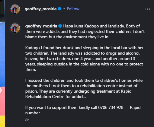 A post shared by Geoffrey Mosiria on Instagram. PHOTO/Screengrab by K24 Digital