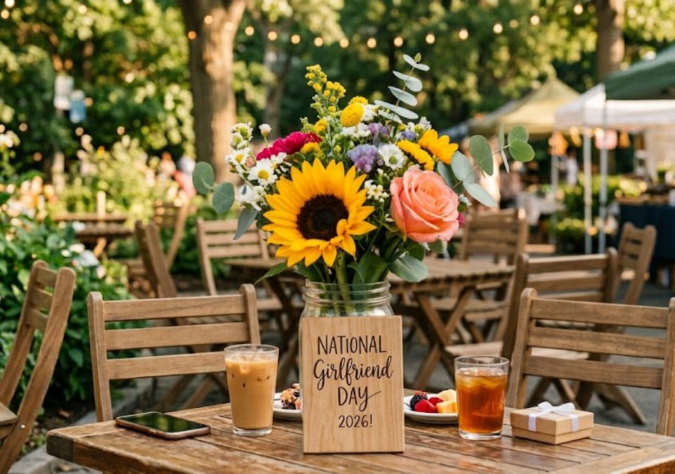 A small wooden placard reading "National Girl Day" sits on a rustic patio table.
