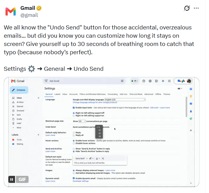 Gmail undo sent button.PHOTO/@gmail/X