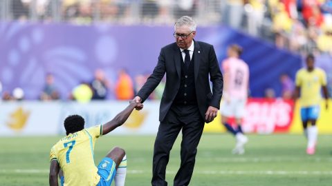Brazil head coach Carlo Ancelotti and forward Vinicius Jr. PHOTO/@FabrizioRomano/X