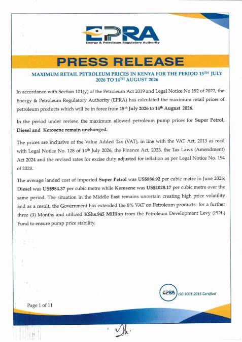 EPRA retains fuel prices as diesel, kerosene and petrol remain unchanged