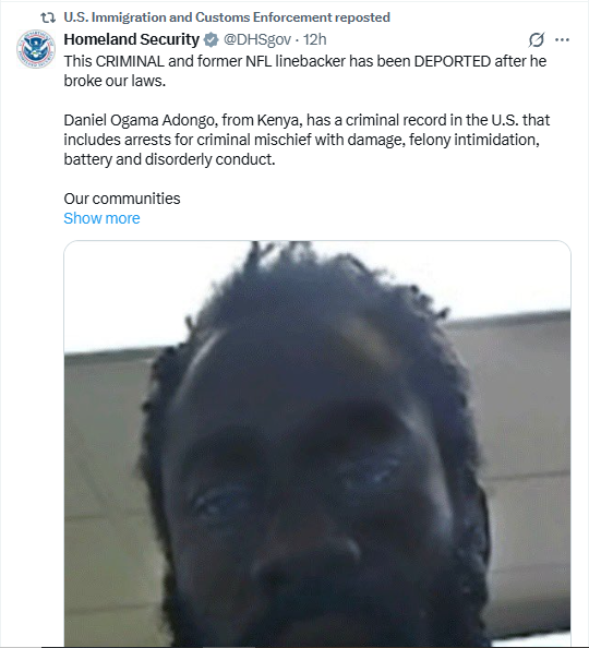 Statement of Homeland Security reposted by ICE on the deportation of Daniel Adongo to Kenya. PHOTO/Screengrab by K24 Digital/@DHSgov/X