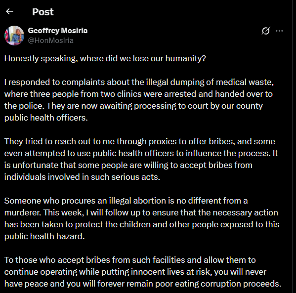 A post shared by Geoffrey Mosiria on X. PHOTO/Screengrab by K24 Digital