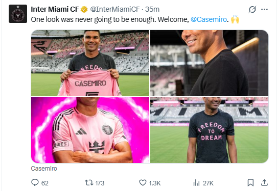 Inter Miami's confirmation of Carlos Casemiro's signing. PHOTO/Screengrab by K24 Digital/@InterMiamiCF/X