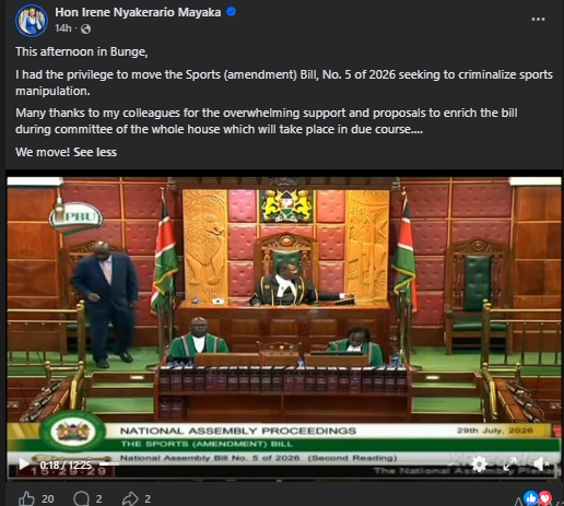 Statement of MP Irene Mayaka on the Sports (amendment) Bill, No. 5 of 2026. PHOTO/Screengrab by K24 Digital/https://www.facebook.com/renee.mayaka