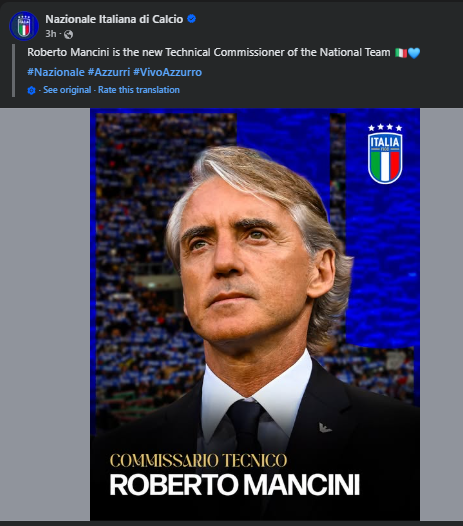 Statement of Italy's FA on the appointment of Roberto Mancini as national team manager. PHOTO/Screengrab by K24 Digital/https://www.facebook.com/NazionaleCalcio