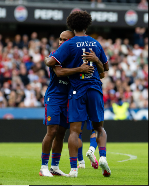 Joshua Zirkzee celebarates his goal against Rosenborg with Bryan Mbeumo. PHOTO/https://www.facebook.com/manchesterunited/photos