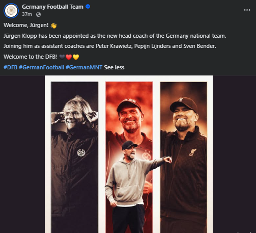 The DFB has confirmed Jurgen Klopp as the new Germany head coach. PHOTO/Screengrab by K24 Digital/https://www.facebook.com/DFBTeamEN