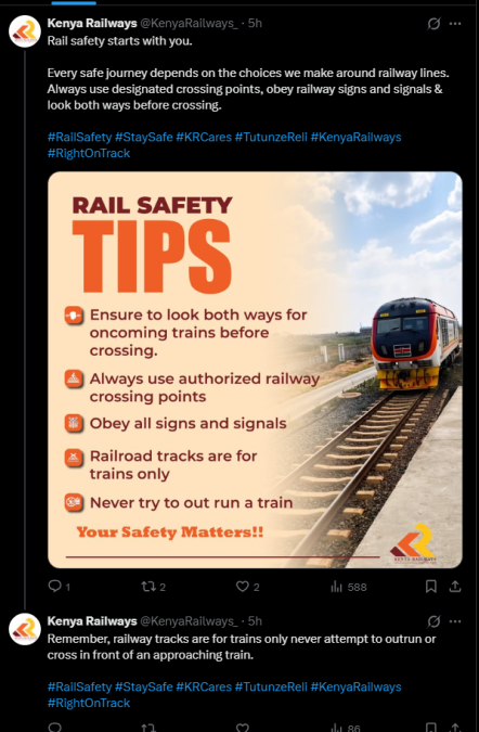 Post by Kenya Railways. PHOTO/Screengrab by K24 Digital from X/@KenyaRailways_