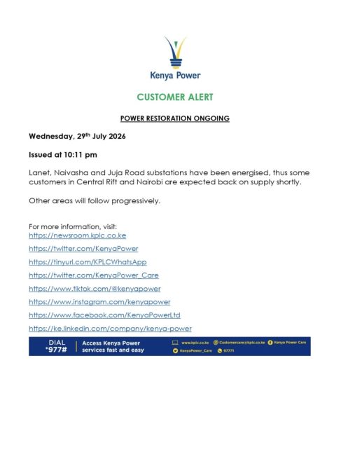 A notice by Kenya Power announcing electricity restoration. PHOTO/@KenyaPower_Care/X