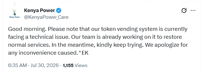 Kenya Power reports technical hitch affecting token vending system