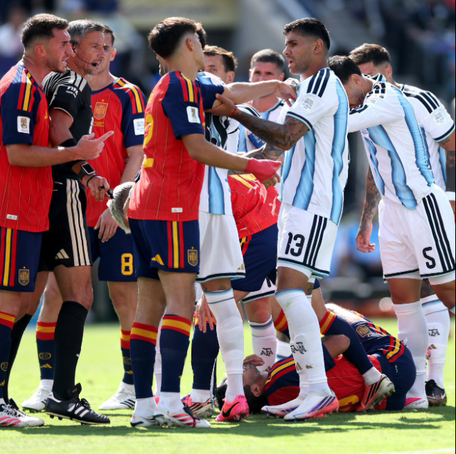 Spain and Argentina players involved in a heated altercation after the FIFA World Cup final on Sunday, July 19, 2026. PHOTO/https://www.facebook.com/AFASeleccionArgentina/photos
