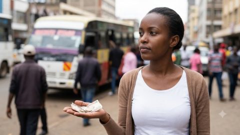 A woman reflects on loose change at a busy matatu terminal, wondering where her daily spending goes.