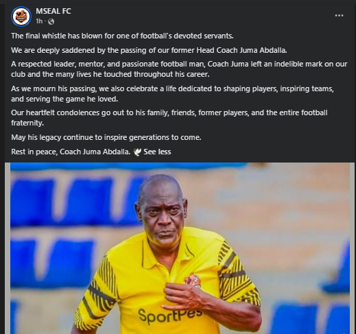 Statement of Murang'a SEAL on the passing of coach Juma Abdalla. PHOTO/Screengrab by K24 Digital/https://www.facebook.com/murangaseal