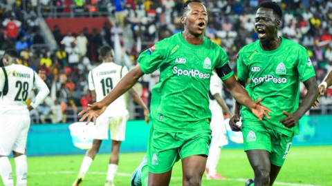 Gor Mahia's Mike Kibwage (L) celebrates his goal against APR of Rwanda in the ongoing CECAFA Kagame Cup on Friday, July 24, 2026 at Amahaoro Stadium, Kigali. PHOTO/https://www.facebook.com/HusseinRashidMohammed