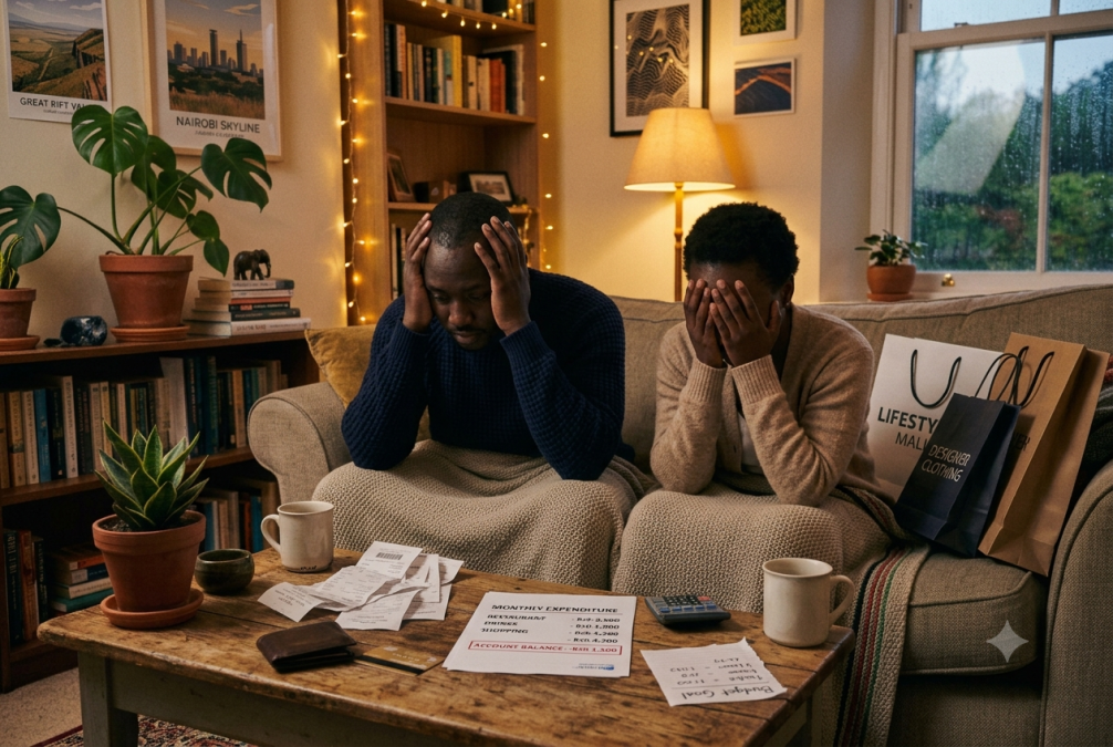 Stressed couple reviews expensive weekend receipts.